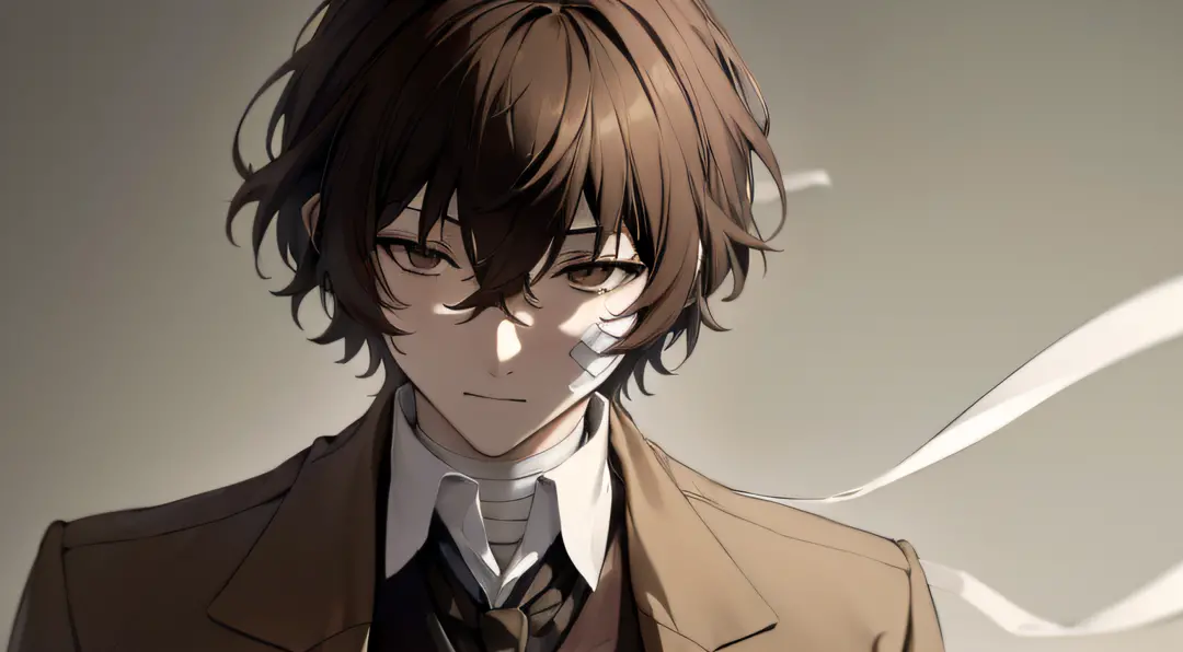 (masterpiece, best quality:1.2), upper body, solo, male focus, 1boy, dazai osamu, expressionless, brown jacket, bandages