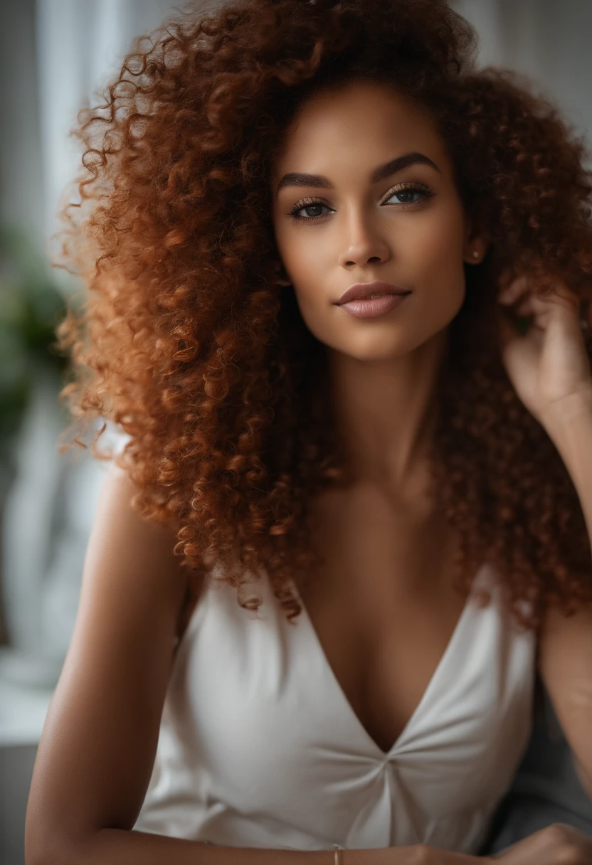 "Ultra-realistic image of a beautiful 22-year-old Afro-Latin girl,Caramel peel, corps parfait, Prendre un selfie dans son bureau avec son sony A7RV, maigre, taille ultra-fine, cheveux rouge, Curly and curly hair karibean , piercing green eyes.hyper-realistic，anatomie correcte，Facial features are carefully represented，Boucles gratuites, curly red hair, (cour, curly red hair), Long curly wild red hair, cheveux multiversaux, cour, curly red hair, curly red hair, Boucles, wavy hair spread out, Boucles baroques, Boucles, Curly,Texture des cheveux, Curly bang