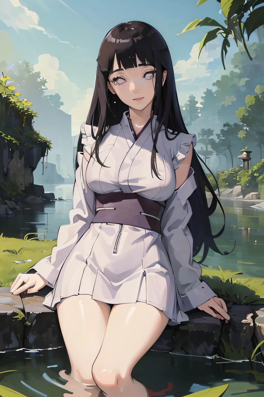 (((masterpiece))), HinataHyuga, 1girl, solo, long hair, looking at viewer, smile, large breasts, black hair, purple eyes, blunt bangs, white eyes, no pupils, 1girl, clothes tug, skirt tug, dress tug, bathhouse, partially submerged, white kimono,, masterpiece, best quality, highly detailed,