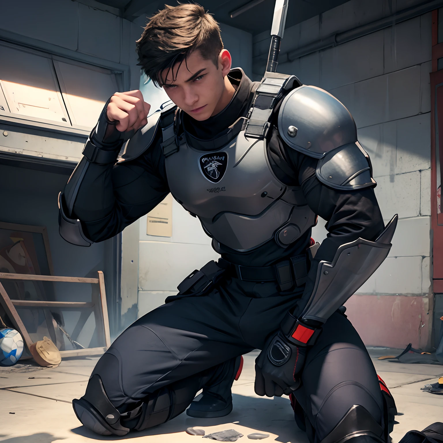 Teen male, gay, 18yo, swat fighter, SWAT armour, messy cum, pixar render, kneel, big