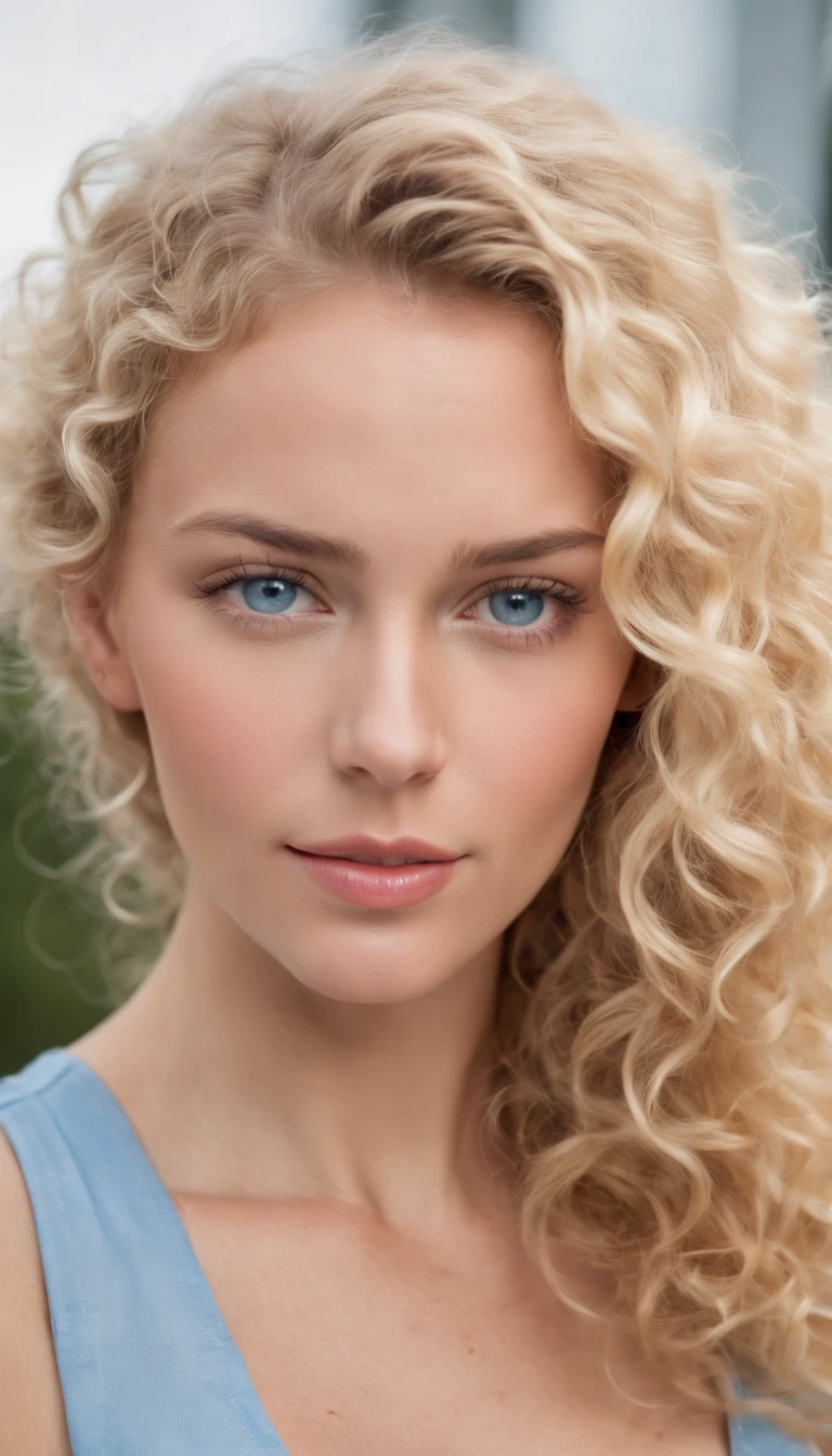 a closeup of the skin of a beautiful blonde woman with curly hair, blue eyes, tanned skin, in summer clothes,