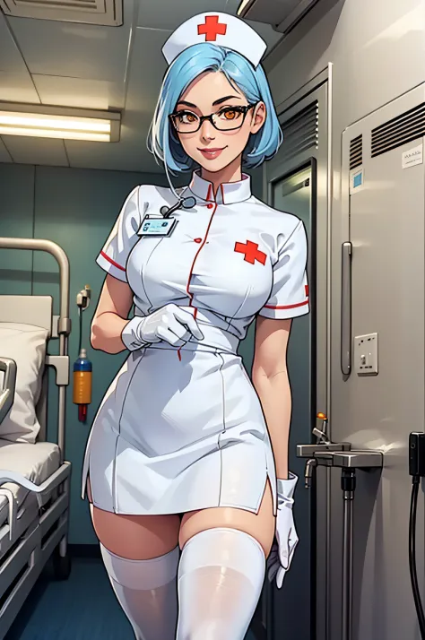 1girl, solo, nurse, nurse cap, white wear, ((white legwear, zettai ryouiki)), white gloves, glasses, blue hair, orange eyes, smi...
