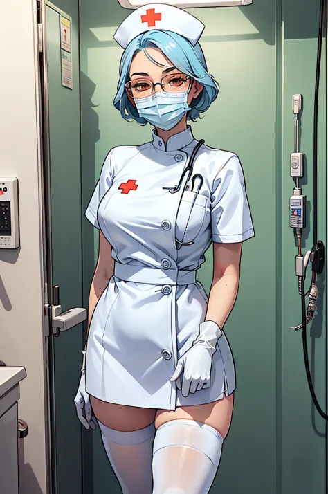 1girl, solo, nurse, nurse cap, white wear, ((white legwear, zettai ryouiki)), white gloves, glasses, blue hair, orange eyes, ((w...