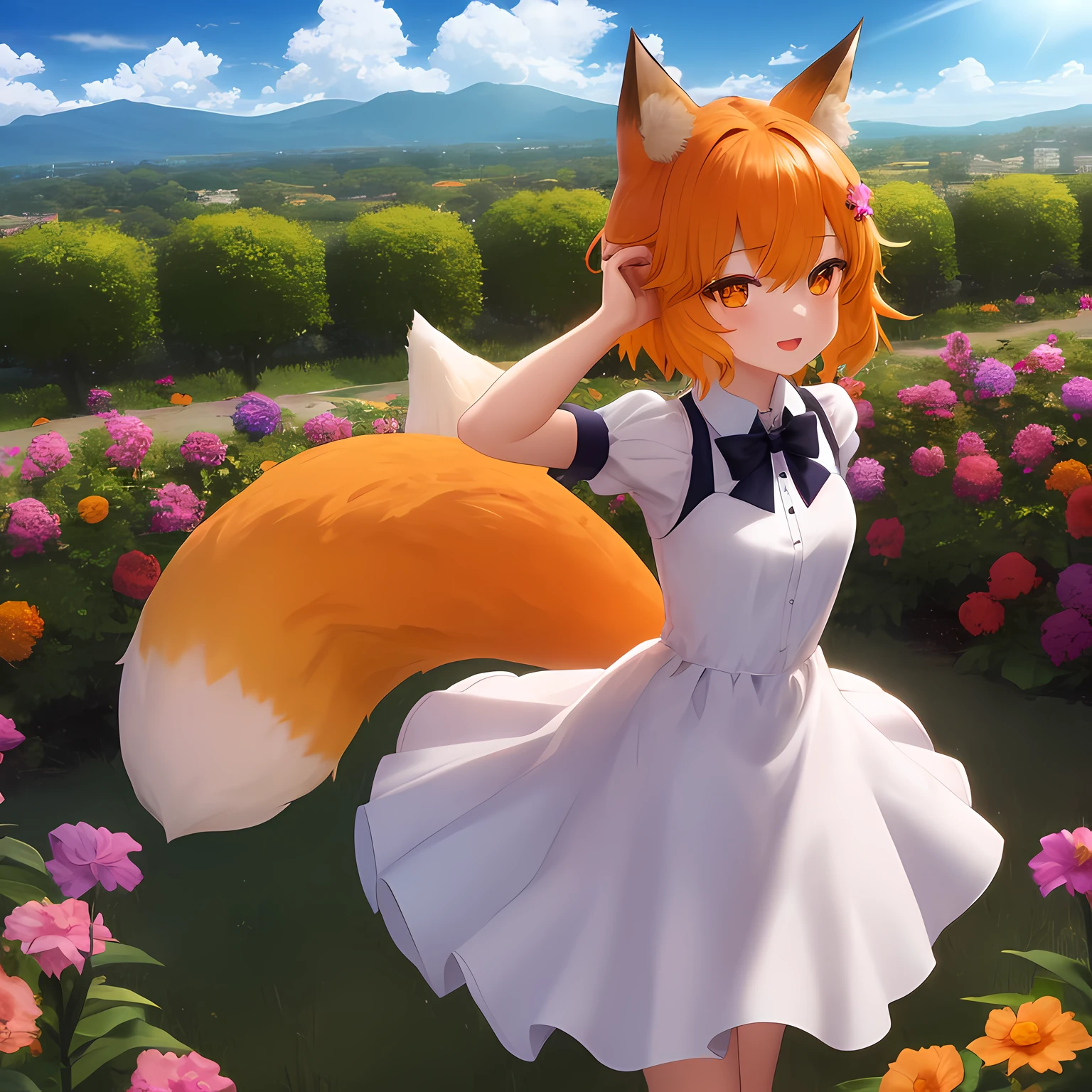 傑作, 最高品質, Deしっぽed background, 映画照明, その, 動物の耳, キツネの耳, キツネの少女, Foxしっぽ, ヘアフラワー, 髪飾り, オレンジ色の目, オレンジ色の髪, ショートヘア, しっぽ, 1人の女の子, ソロ, 庭, 外装, 太陽光線, 雲, スカイ島, 外装, 曇り空, シート, 太陽光線上半身, ((ドレス, 白いドレス)), ハッピー