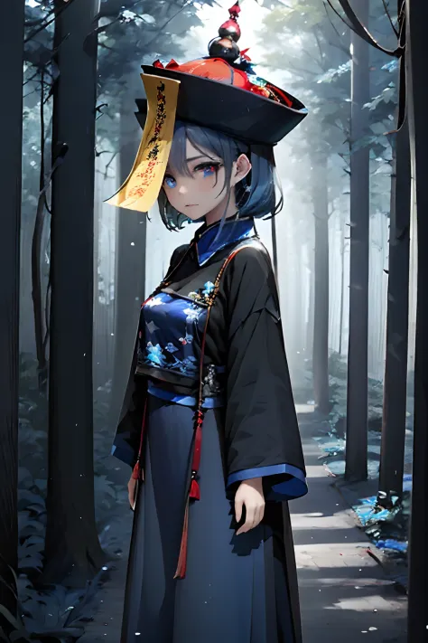 girl, Jiangshi,  blqack Chinese dress, fulu on her head, blue hair, blue skin, in a forest, fulu on her head, Chinese paper soul...