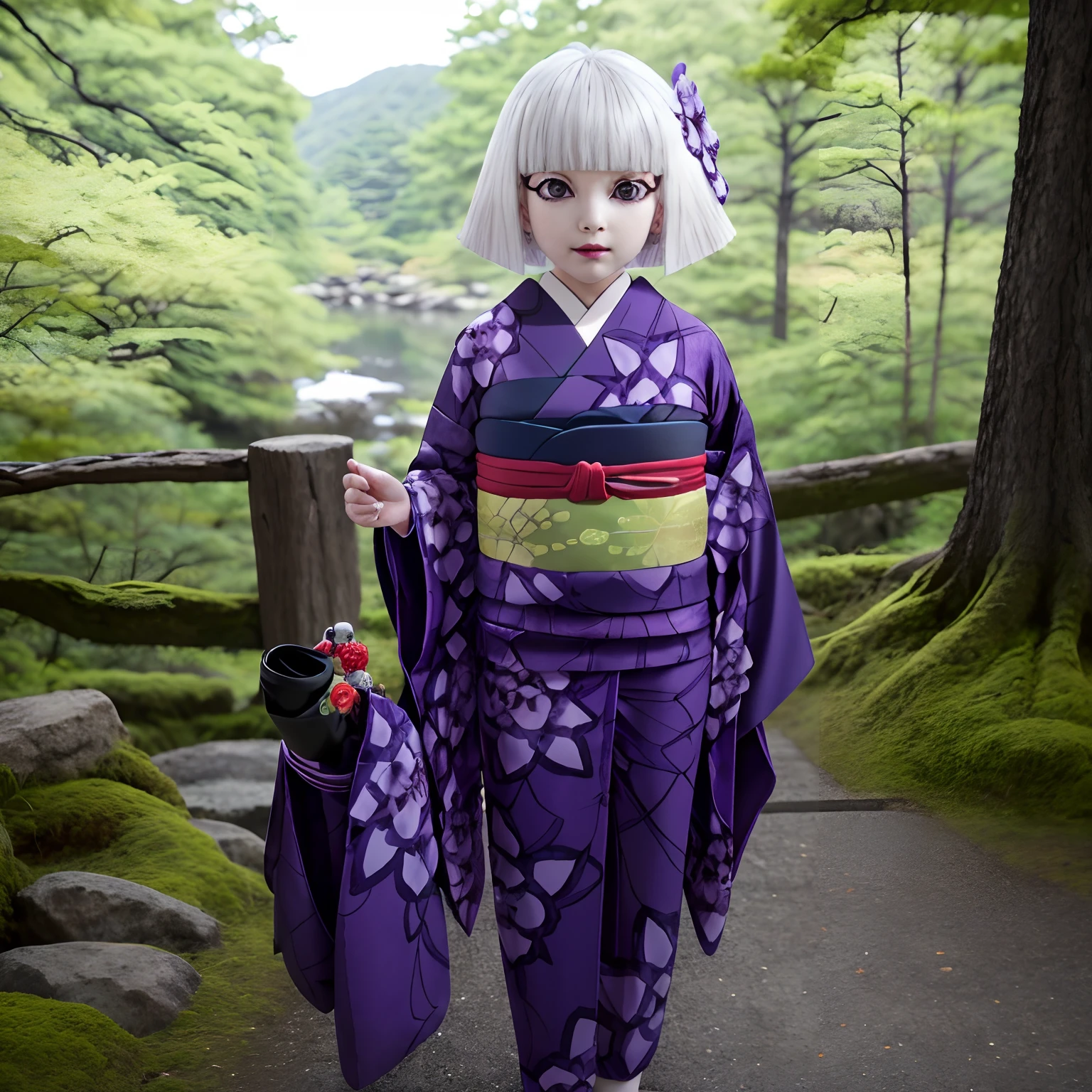 Extérieur,forêt,Haute qualité,maître de la paix,Fraternité_famille, 1fille, seulement, Cheveux courts, ornement de cheveux, fleur, cheveux blancs, vêtements japonais, frange émoussée, kimono, ceinture, se maquiller, cœur, imprimé floral, coupe au carré, rouge à lèvres, lèvres rouges, kimono imprimé, yeux cernés, kimono violet, yeux violets, des sandales