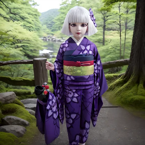 outdoor,forest,high quality,Masterpeace,Ubuyashiki_Family, 1girl, solo, short hair, hair ornament, flower, white hair, japanese ...