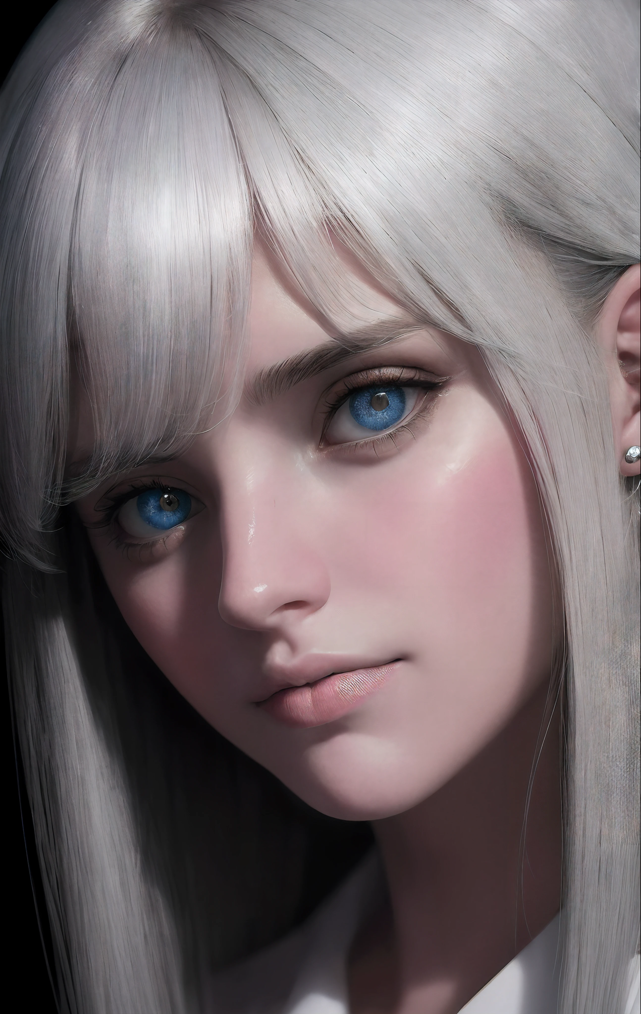 A close-up portrait of a beautiful woman , White hair ((heterogromy eyes)) ,LOOKING AT THE SPECTATOR, Realistic shadow dark background, Hyperrealistic environment, crying, sad,crying eyes, tearful,wet, SOAKED,