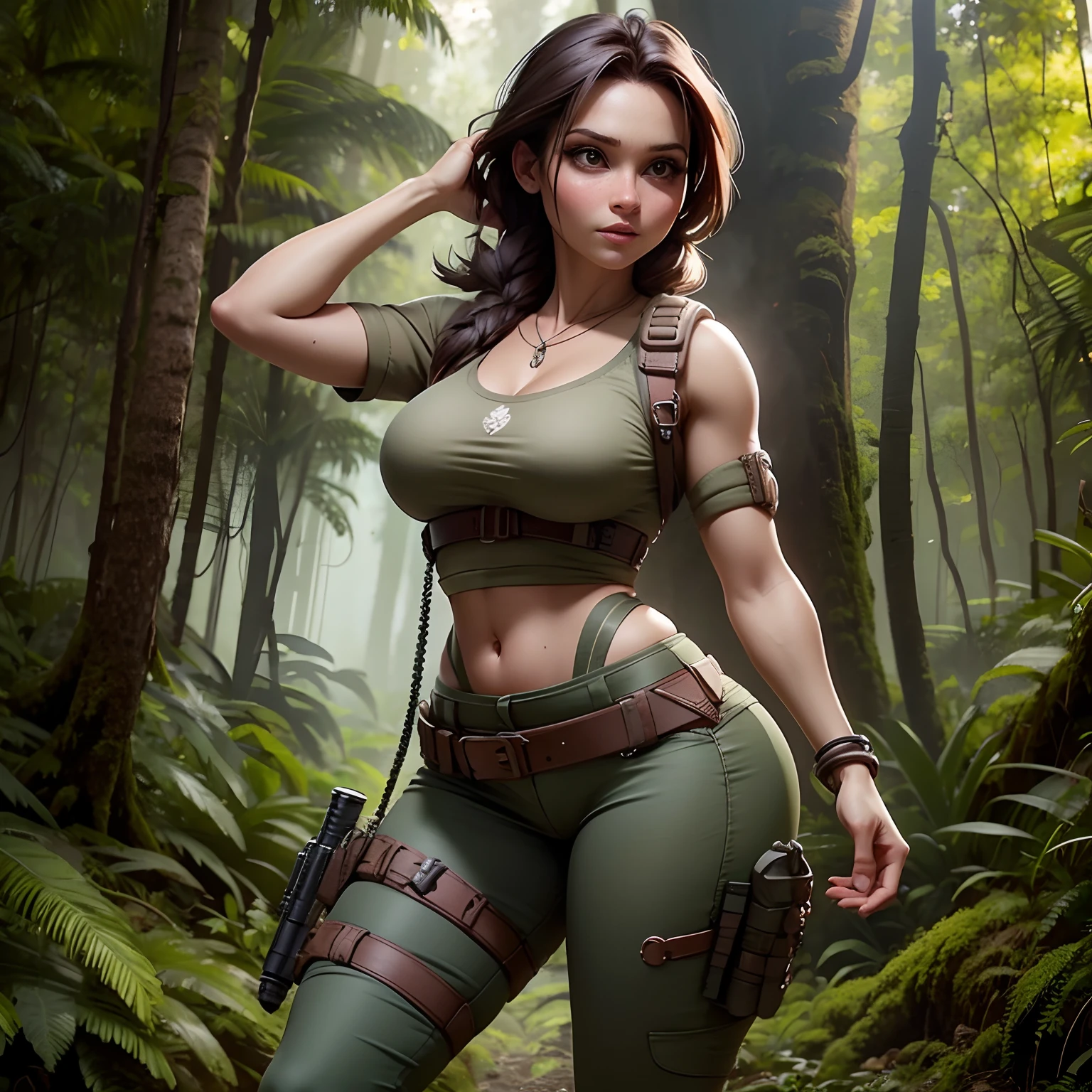 A close up of a woman in a green outfit holding a gun - SeaArt AI