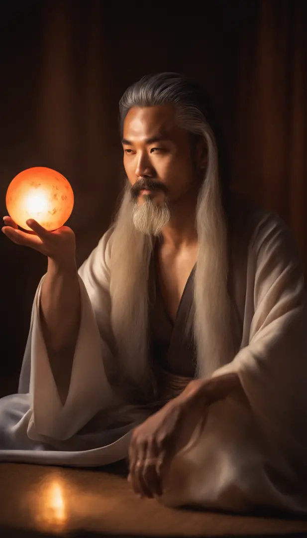 Close up portrait of 30 year old middle aged asian man，Holding a glowing ball in your hand,long to, whitish hair，Longasa Beard，Cross-legged sitting meditation、Ignite the magical aura around you，Master of Taoism,Taoist