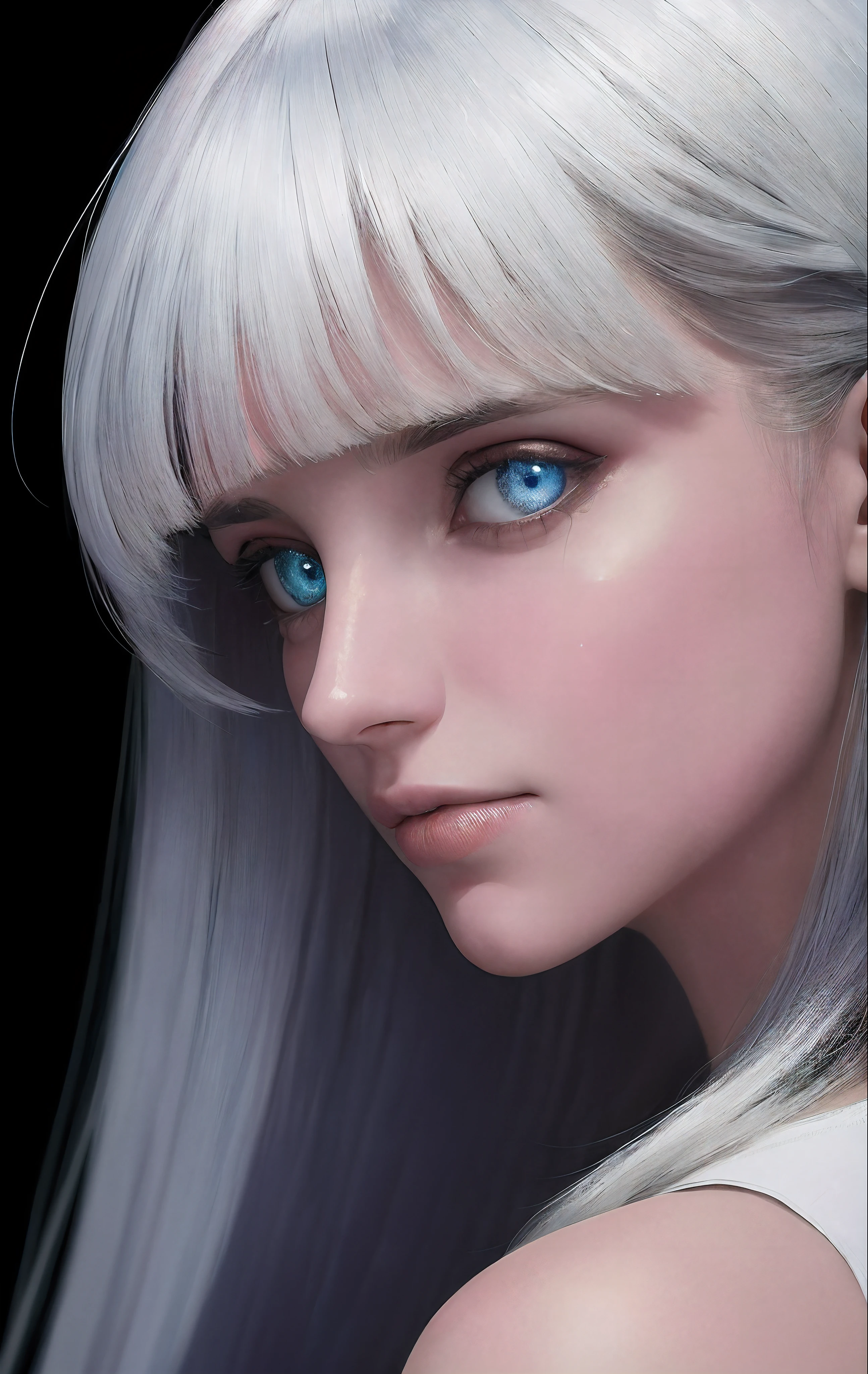 A close-up portrait of a beautiful woman , White hair ((bright eyes heterogromy)) ,LOOKING AT THE SPECTATOR, Realistic shadow dark background, Hyperrealistic environment, crying, sad,crying eyes, tearful,wet, SOAKED,