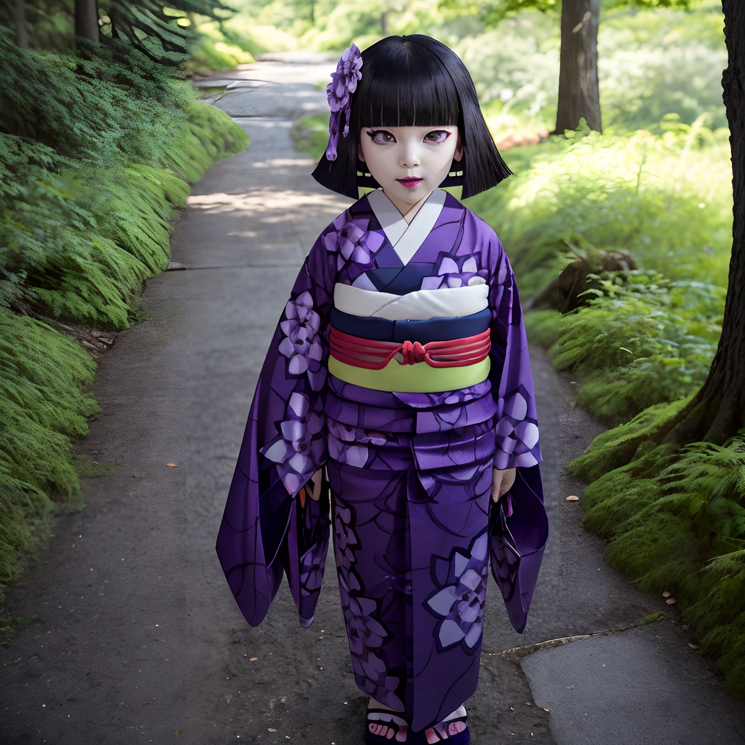 exterior,bosque,alta calidad,paz maestra,Ubuyashiki_familia, 1 chica, solo, cabello corto, adorno para el pelo, flor, pelo blanco, ropa japonesa, flequillo contundente, kimono, faja, constituir, obi, estampado floral, corte bob, lápiz labial, labios rojos, kimono estampado, ojos anillados, kimono morado, ojos morados, sandalias