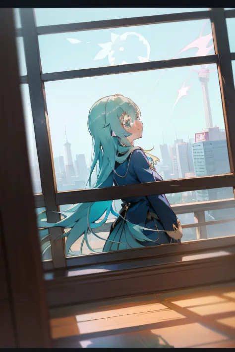 anime girl with long hair and blue eyes looking out a window, an anime drawing by shingei, trending on pixiv, mingei, screenshot...