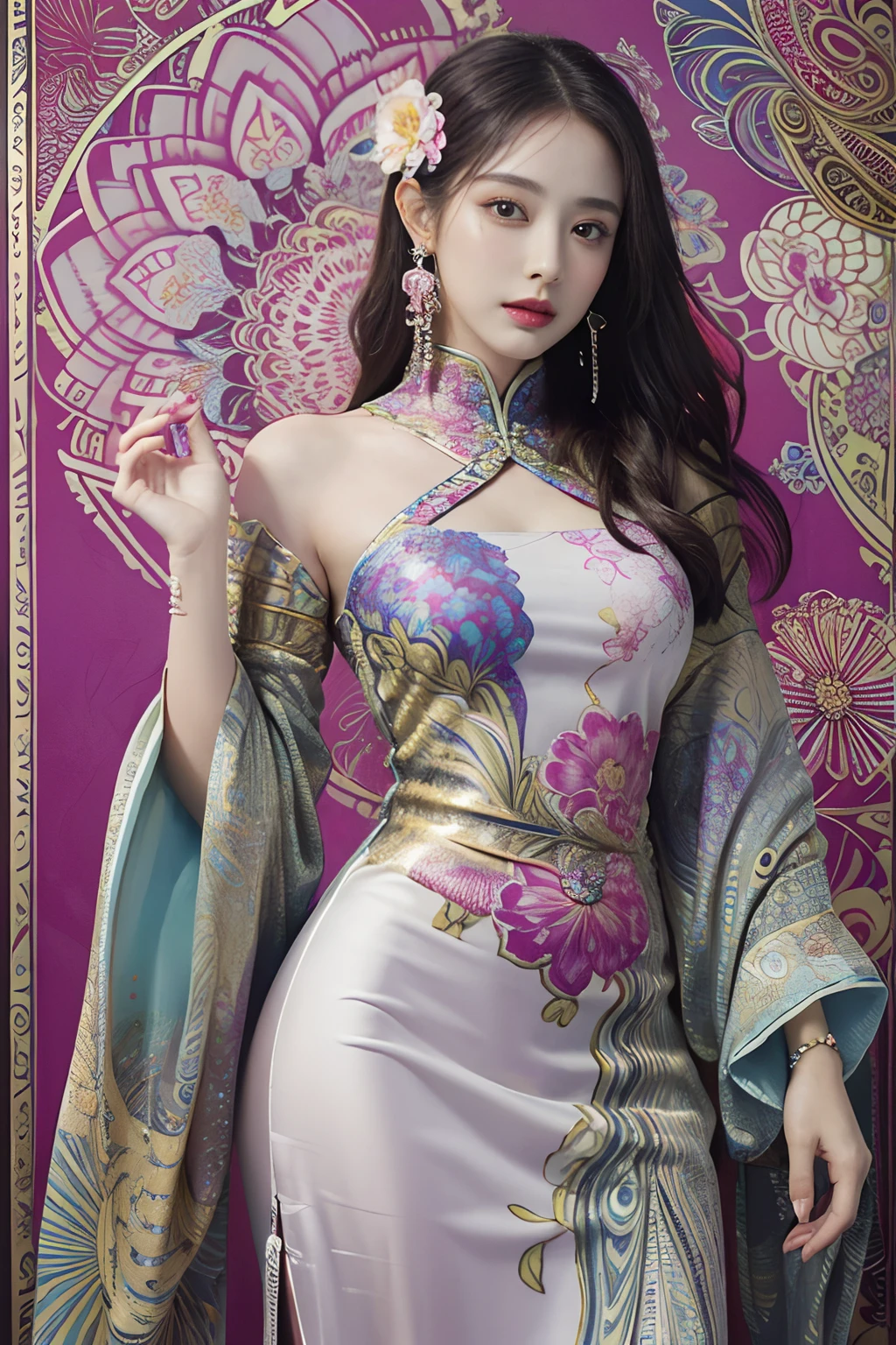 (Obra de arte, qualidade máxima, melhor qualidade, arte oficial, bonito e estético:1.2), (1 garota:1.3), extremamente detalhado,(arte fractal:1.1),(colorida:1.1)(flores:1.3),mais detalhado,(emaranhado:1.2), (pose dinâmica), (fundo abstrato:1.3), (Vestido chinês:1.2), (pele brilhante), (muitas cores:1.4), ,(brincos:1.4),