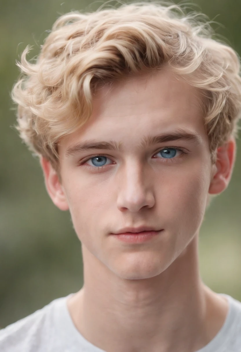 A close up of a young man with a blue eye and blonde hair - SeaArt AI