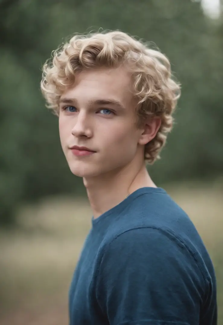 A close up of a young man with a blue shirt and blonde hair - SeaArt AI