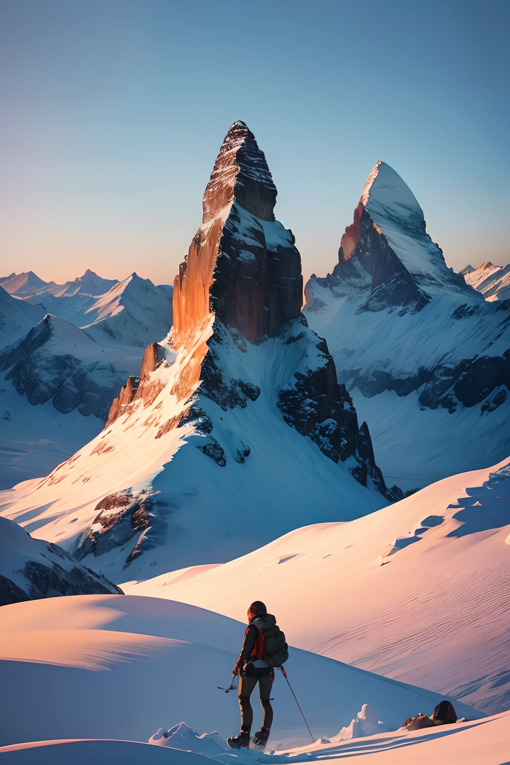 Lara Croft、authentische Outdoor-Bergsteigerkleidung tragen、das Matterhorn in der Ferne vom Gipfel eines schneebedeckten Berges、Sonnenaufgang wunderschön