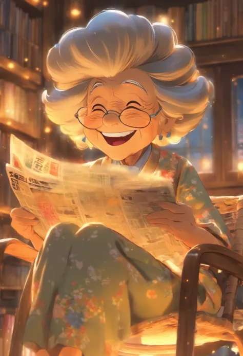 Grandma is sitting in a rocking chair reading a newspaper，happily laughing，Scenes of happiness in the later years