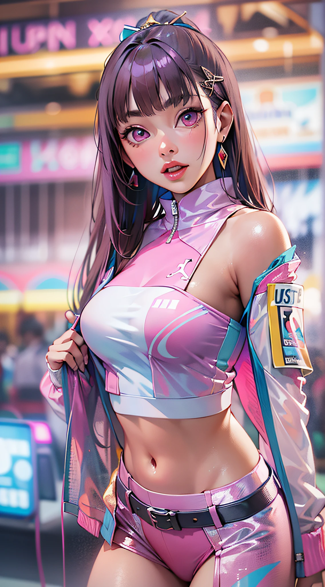 ((Masterpiece)), best quality, absurderes, ultra detailed, holographic, cowboy shot, golden ratio, super cute girl, mature girl, idol girl, super beautiful asian girl with very beautiful violet glowing eyes, beautiful glowing brown multicolored hair, high ponytail, nice and sexy body, slim body, perfect body, wearing a super tight anime printed leotard, an anime printed super tight off shoulder long sleeve crop top, a super aesthetic transparent mini jacket, beautiful hair ornament, pink jordan tennis, being photographed in a mall shop,