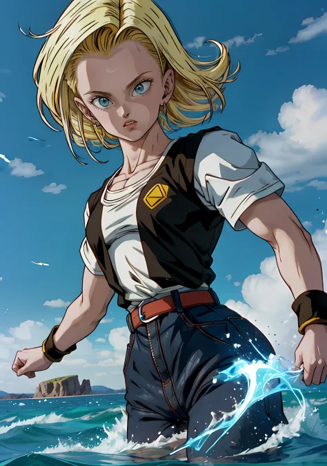 dbz, android 18, charging energy, floating above water, blue aura, high res, cliffs in background, people in the background