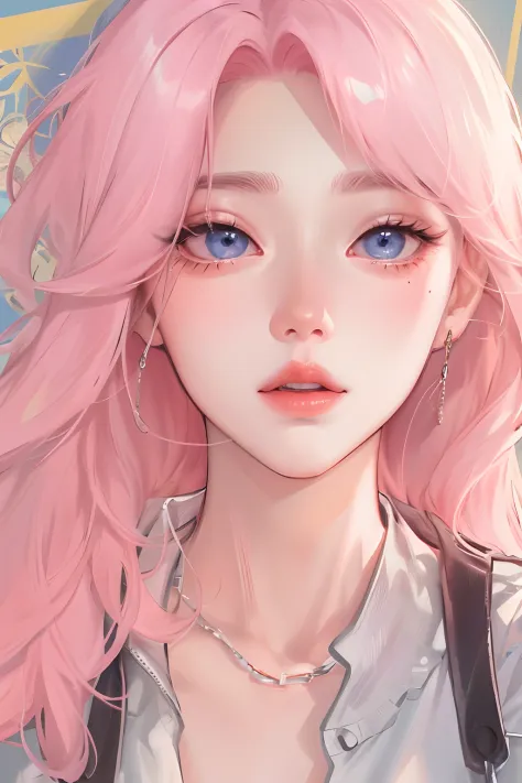 absurderes, Masterpiece, Best quality, Light colors, Korean girl from webtoon with beautiful face , Beautiful hair , Characters in Korean dramas, Anime eyes, Semi-casual clothing, Masterpiece background, Detailed background,A pink-haired