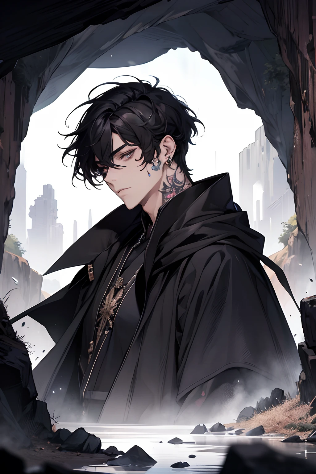 male, messy black hair with bangs, amethyst eyes, adult face, adult, black robes and armor, piercings, lean and handsome, dark fantasy, sorcerer, tattoos, in a cave