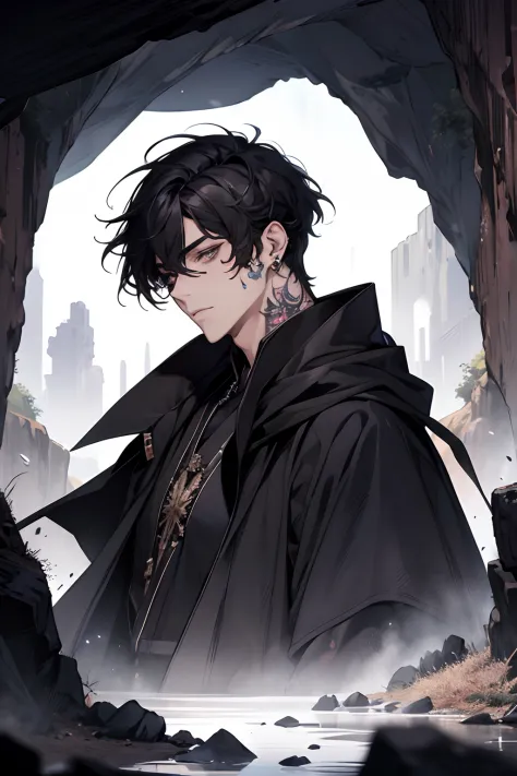 male, messy black hair with bangs, amethyst eyes, adult face, adult, black robes and armor, piercings, lean and handsome, dark f...