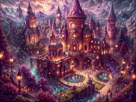 aerial view,Hogward,captivating,enchanted,magical,tower,castle,grand,gardens,majestic,impressive,spires,turrets,flags flying high,ancient,stonework,gothic architecture,imposing doorways,marvelous,ornate windows,mysterious atmosphere,magic in the air,twinkl...