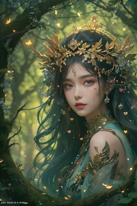 "(best quality: 1.2), masterpiece, ultra-detailed 8K UHD, ((official art)), cg, 1 ethereal forest goddess, enveloped in the ancient embrace of sentinel trees, (mystical aura:1.3). Adorning an intricately detailed dress crafted from the pure essence of the ...