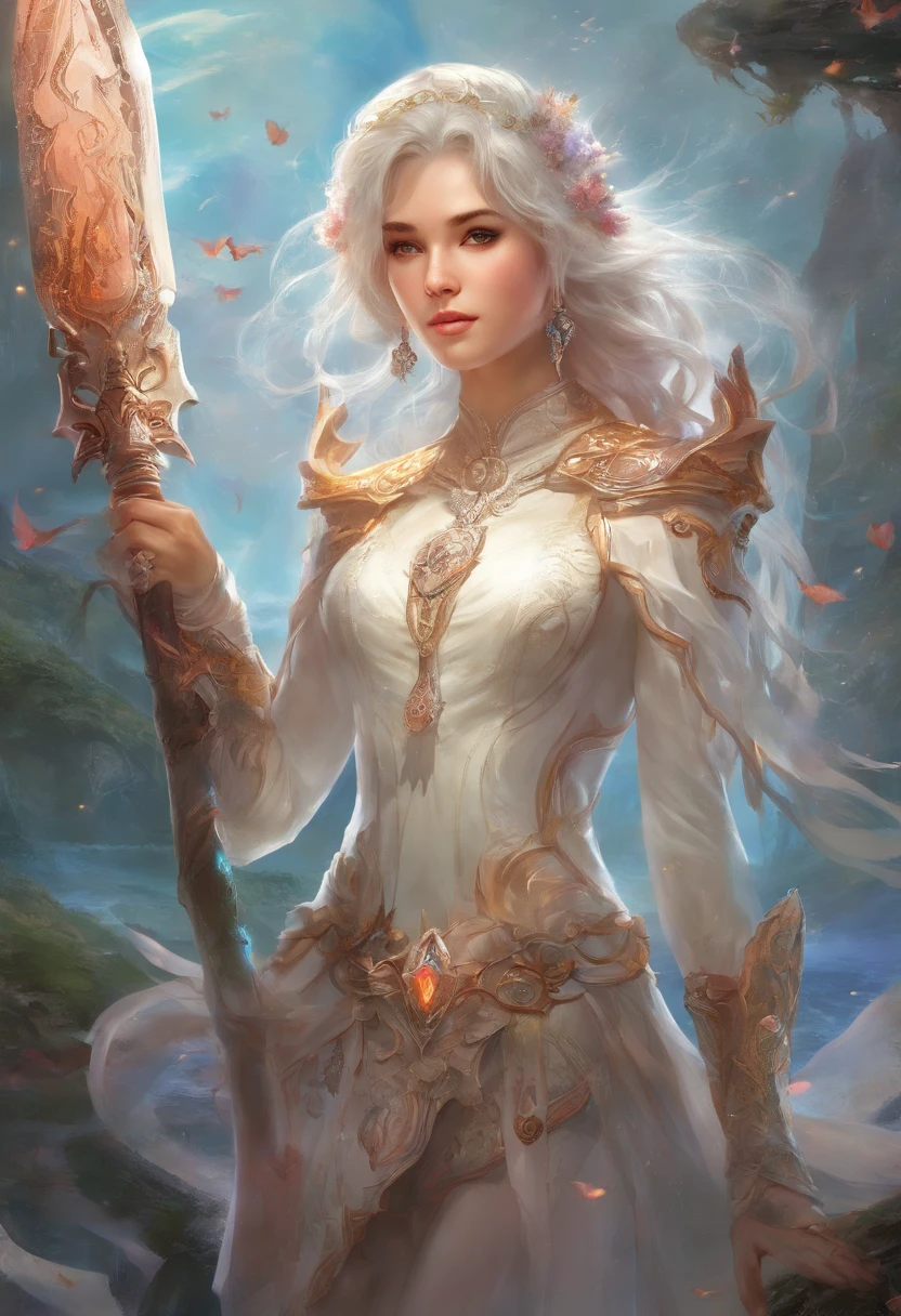 A woman with a sword and a white dress standing in front of a forest -  SeaArt AI