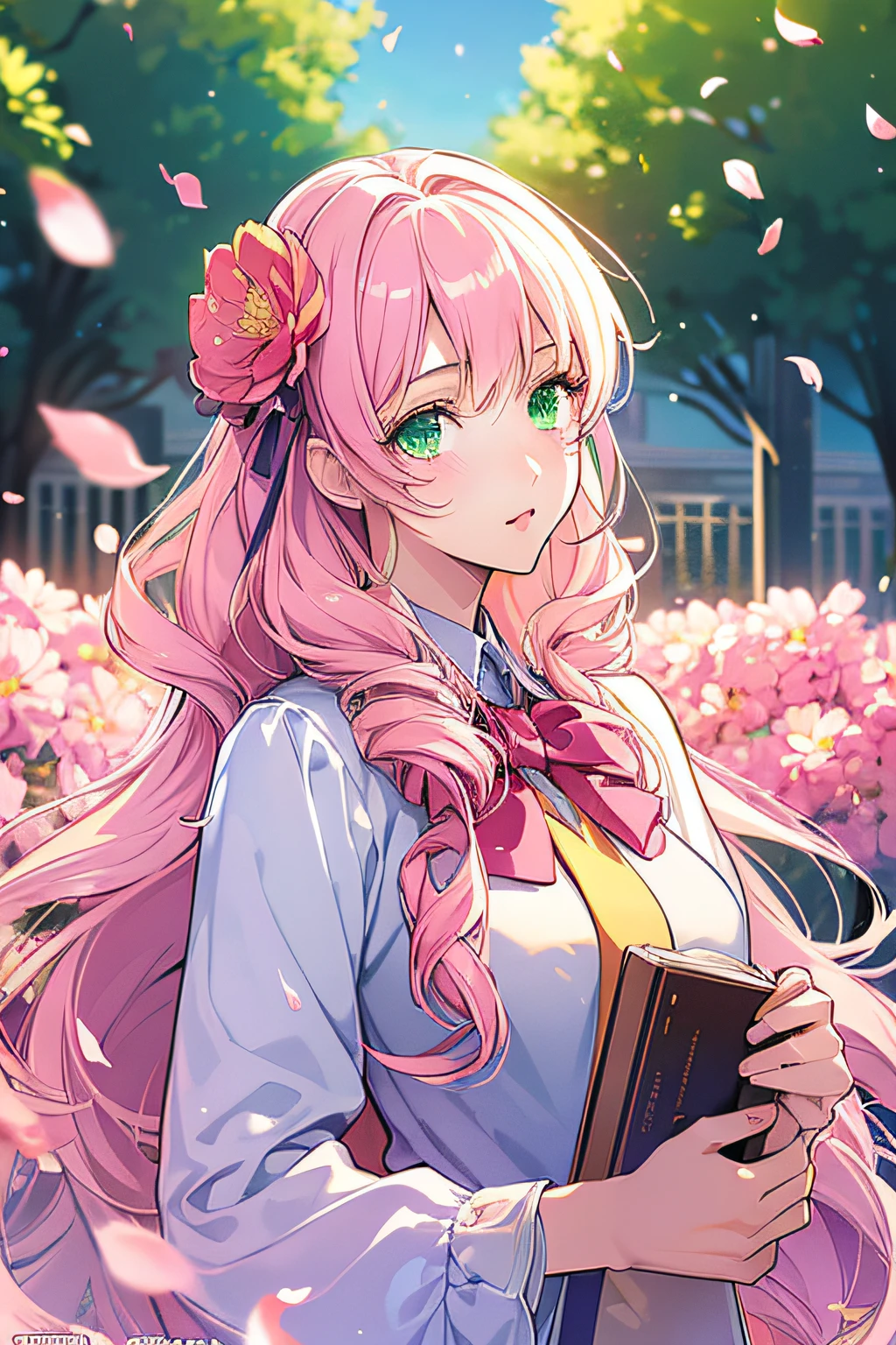 (best image, outrageous quality, masterpiece, 8K, cover art, novel, anime style, digital art, beautiful illustration), (morning, school entrance, flower petals, soft lighting, beautiful), 1 very beautiful teenager, long hair, pink, green eyes, perfect face, perfect body, (no expression)