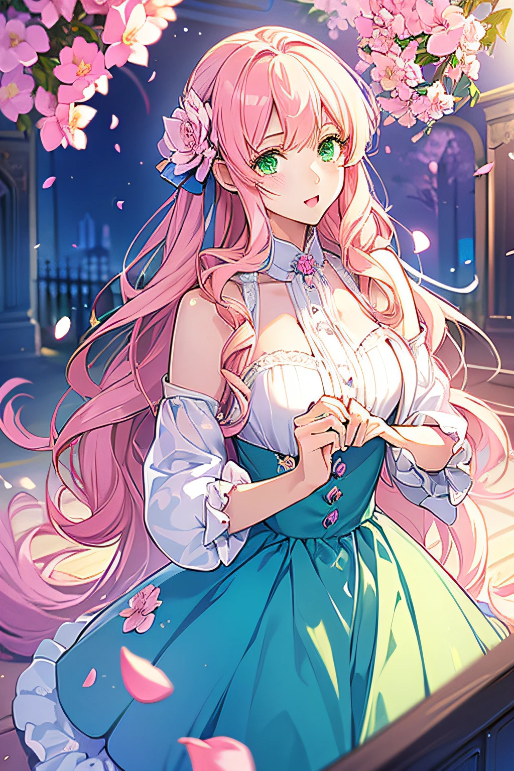 (best image, outrageous quality, masterpiece, 8K, cover art, novel, anime style, digital art, beautiful illustration), (morning, school entrance, flower petals, soft lighting, beautiful), 1 very beautiful teenager, long hair, pink, green eyes, perfect face, perfect body, (no expression)