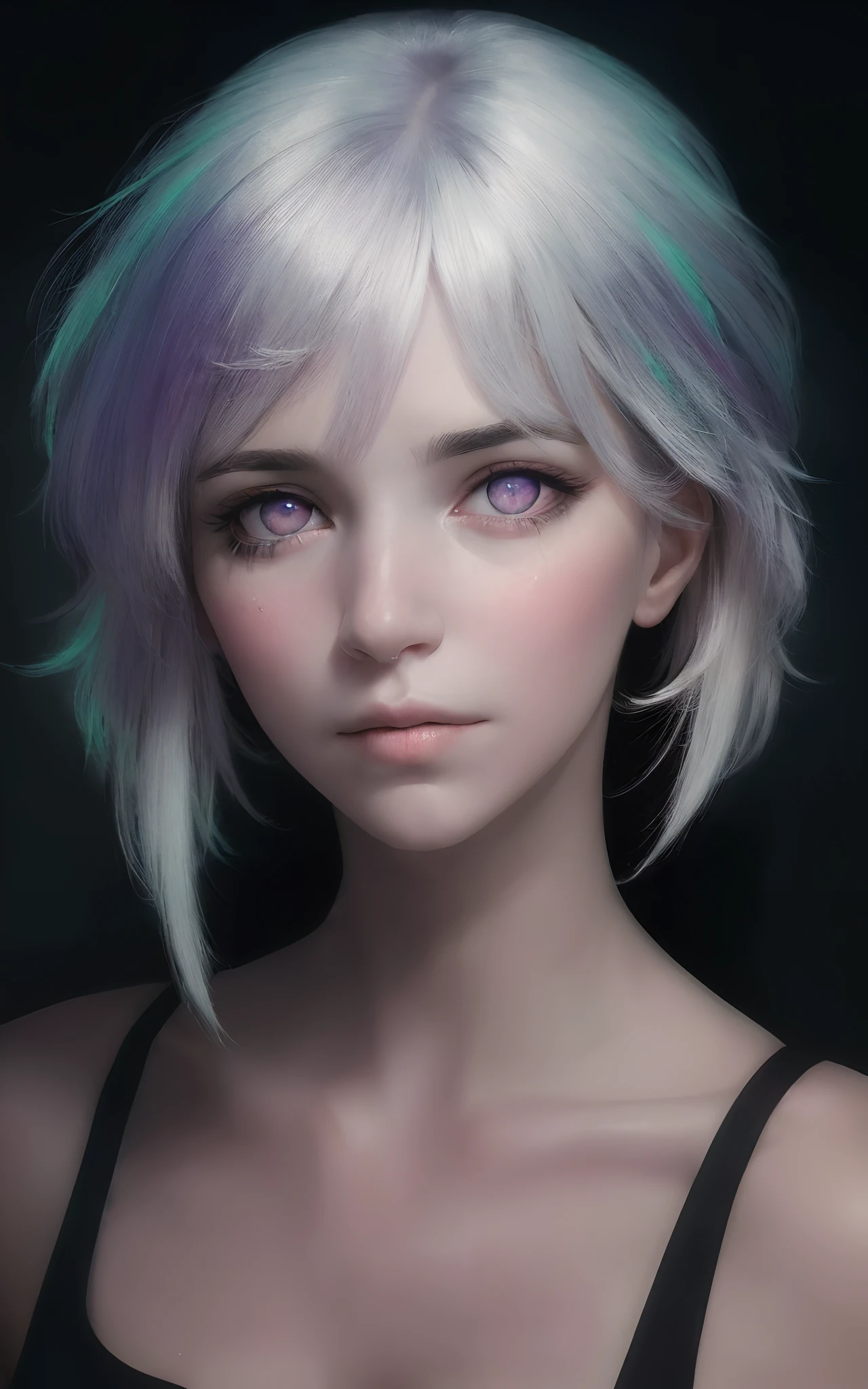 Um retrato aproximado de uma linda mulher , cabelo branco ((olhos brilhantes heterogromia)) ,Olhando para o espectador, Fundo escuro de sombra realista, Ambiente hiperrealista, choro, triste,olhos chorosos, choroso,molhado, encharcado,