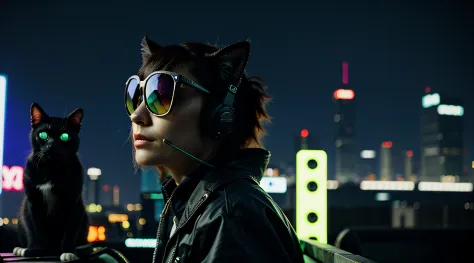 Cyberpunk cat listening to electronic music from sunglasses
