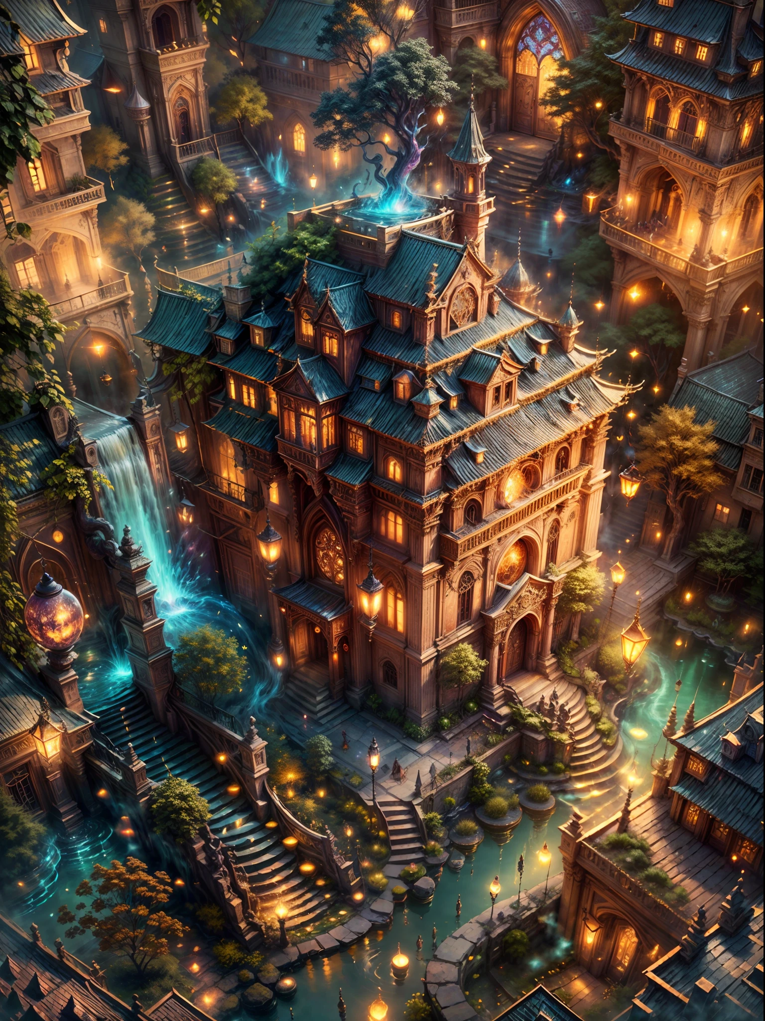 (best quality,4k,8k,highres,masterpiece:1.2),ultra-detailed,(realistic,photorealistic,photo-realistic:1.37),aerial view,magic academy,winx,magic aura,golden architecture,grand halls,enchanted corridors,majestic towers,mystical atmosphere,vibrant colors,sparkling lights,unforgettable landscapes,students practicing spells,wizards displaying their skills,books filled with ancient knowledge,magical creatures,ethereal music,floating candles,gorgeous gardens,whispering trees,splendid fountains,enchanted waterfalls,celestial ceiling paintings,hanging tapestries,elaborate stained glass windows,flying brooms,majestic dragon statues,secret passages,hidden chambers,sunlit courtyards,a sense of wonder and mystery.