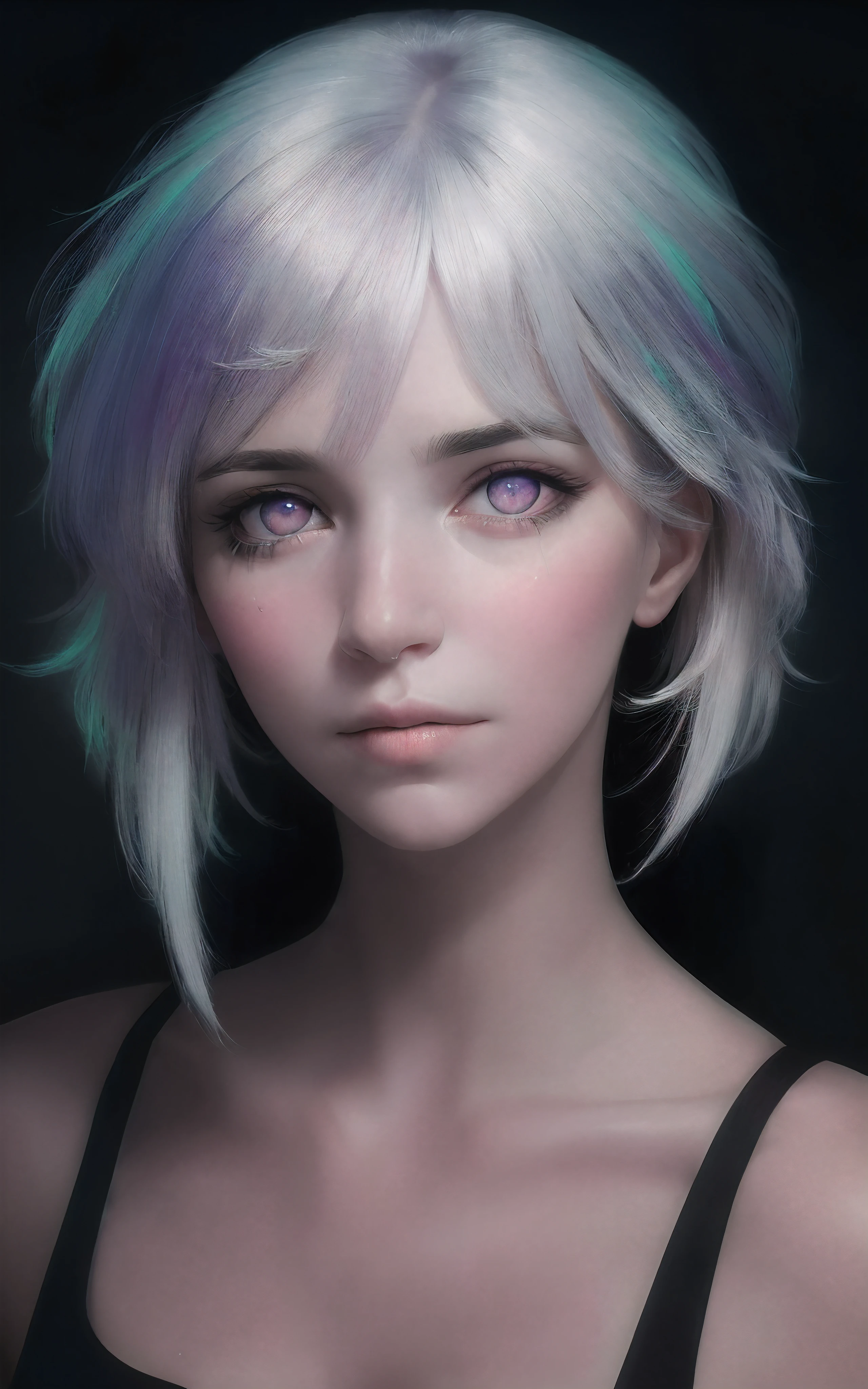 A close-up portrait of a beautiful woman , White hair ((bright eyes heterogromy)) ,looking towards the viewer, Realistic shadow dark background, hyperrealistic environment, crying, sad,crying eyes, tearful,wet, soaked,