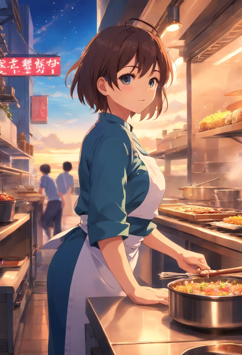 Anime girl in a kitchen preparing food in a restaurant - SeaArt AI