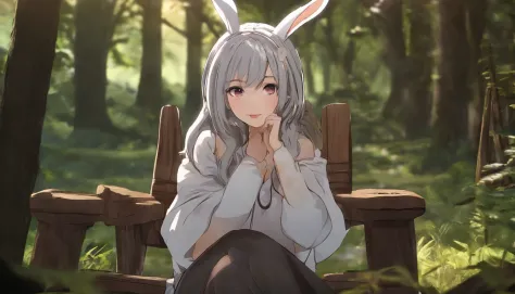 Rabbit ears　Gray hair color　girl with　natta　in woods　　Large screen on the back　A few wooden stump chairs in front of the screen　DJ　Laser illumination　Anime Pictures