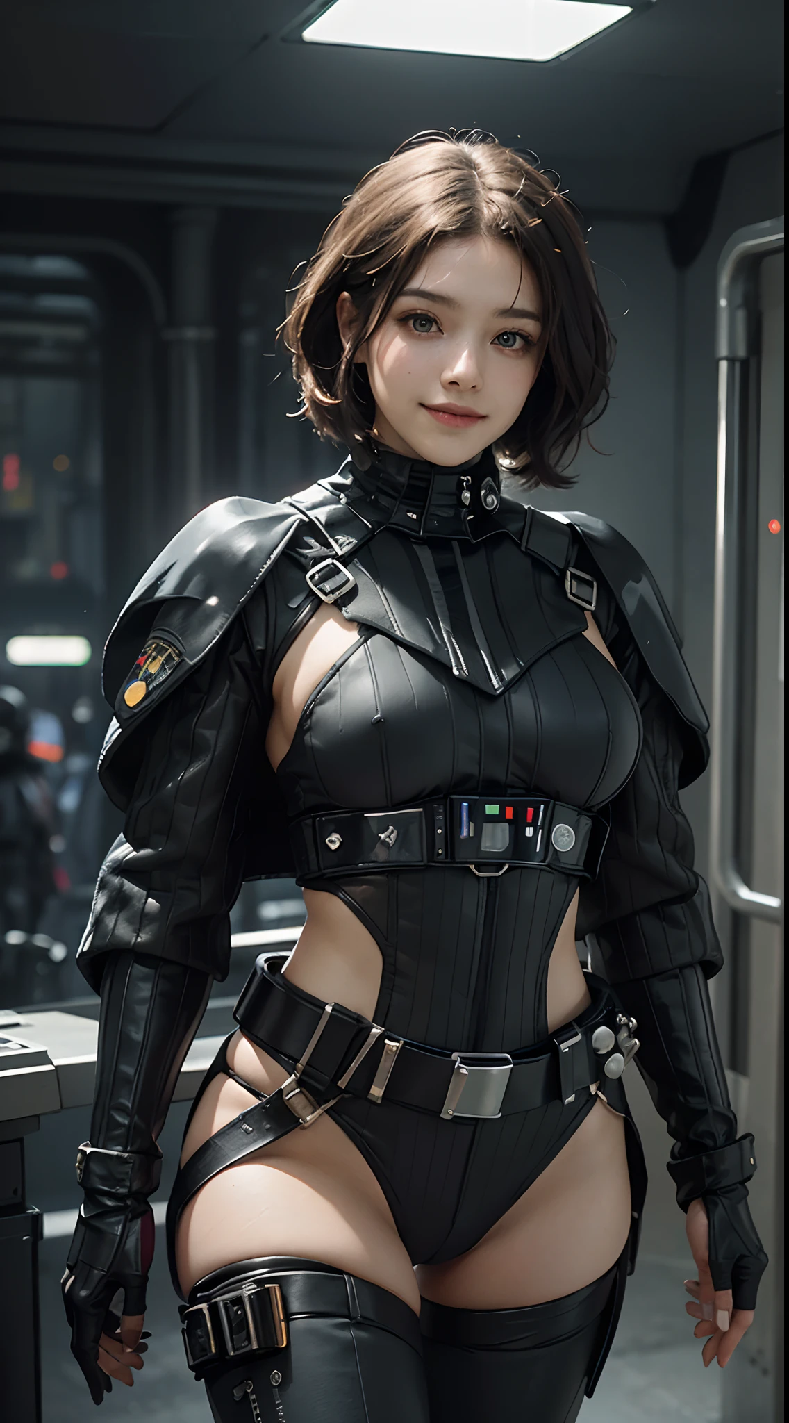 (Highest image quality, outstanding details, ultra-high resolution), 1 girl, (wearing futuristic military outfit), (glamour body:1.2, buffed and muscular body), (a bit chubby:0.5), (futuristic military outfit inspired by Darth Vader from Star Wars, military harness, military gears such as pouches), background military base, mild smile, dynamic pose, dramatic lighting,