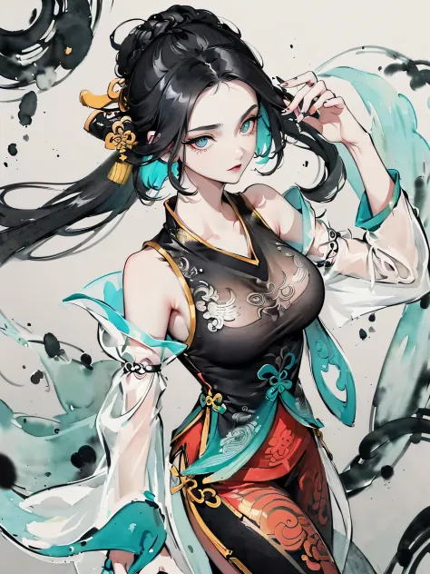 (((((((Chinese ink painting，watercolor paiting，ancient chinese costume,off shoulders,very long sleeves,black hair,see-through sl...