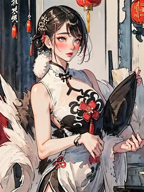 (((((((Chinese ink painting，watercolor paiting，ancient chinese qipao,wipe chest,blush，fur cuffs,)))))))，((1girl,young,amazing,sh...