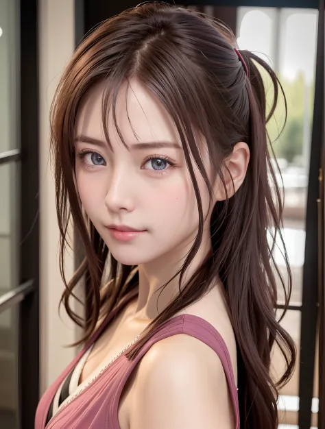 8K, Best Quality, masutepiece, Ultra High Resolution, (Realism: 1.4), Original photo, (Realistic skin texture: 1.3), (Film grain: 1.3), (Selfie angle), 1 girl, Pink clothes, Sapphire eyes and beautiful face details, masutepiece, Best Quality, close-up, Upp...