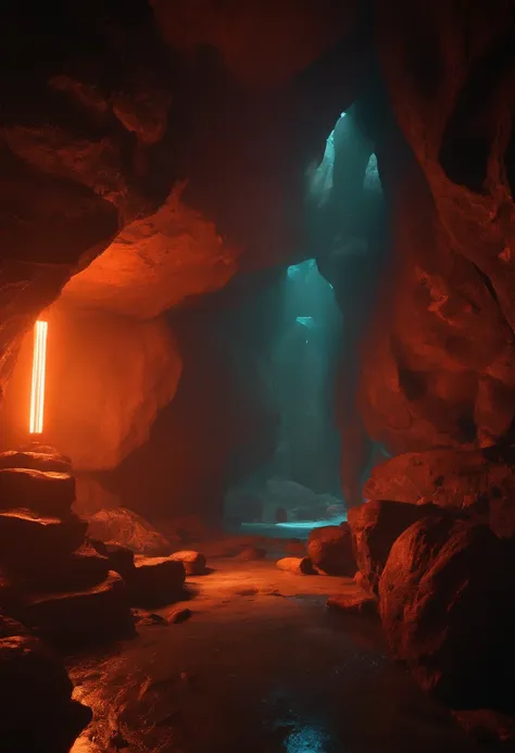 A view of a cave with a waterfall and a light at the end - SeaArt AI