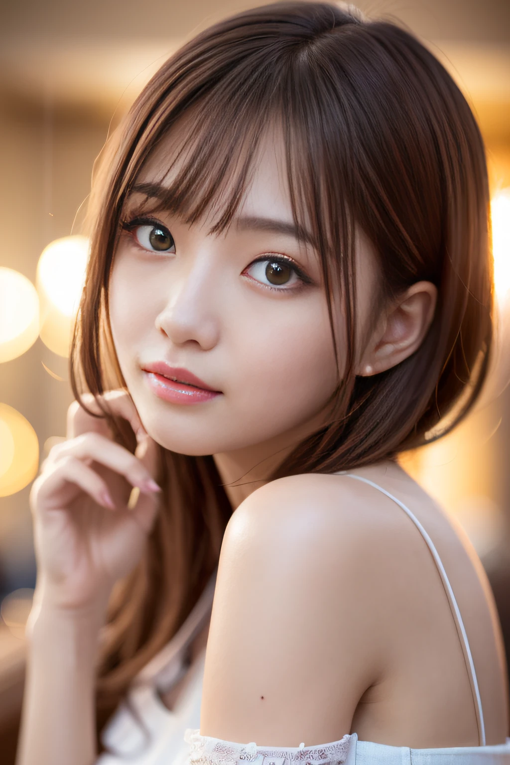 ​masterpiece、1 beautiful girl、A detailed eye、Puffy eyes、top-quality, 超A high resolution, (Realisticity: 1.4), cinematlic lighting、japanes、Asian Beauty、Korea person、Super beauty、Beautiful skin、A slender、The body is facing forward、(A hyper-realistic)、(hight resolution)、(8k)、(ighly detailed)、(beautifully detailed eyes)、(Ultra-detail)、 (wall-paper)、A detailed face、Bright lighting、profetional lighting、looking at viewert、Facing straight ahead、The outfit is a neat light orange shirt and dress...、46-point diagonal bangs、nighttime scene、Brown hair、Nogizaka Idol、Korean Idol、hposing Gravure Idol、、25-years old、tall,