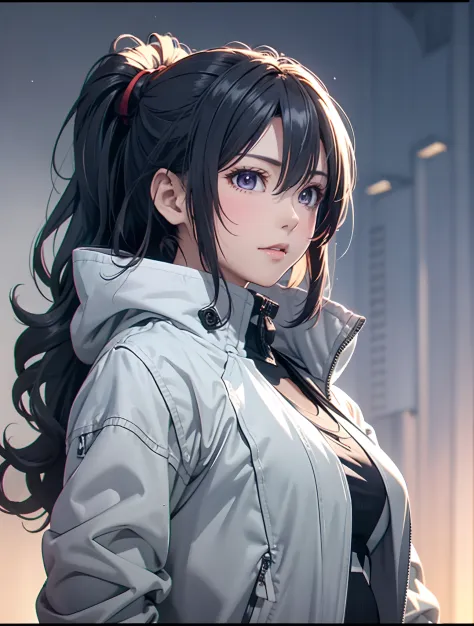 masutepiece, The highest image quality, Super vivid, Anime girl with curly ponytail, petite figure, White functional coat, Small, blue-purple gradient ski goggles, Cyberpunk, Gray hair, Natural casual style, Dynamic Posture, golden section, large aperture ...
