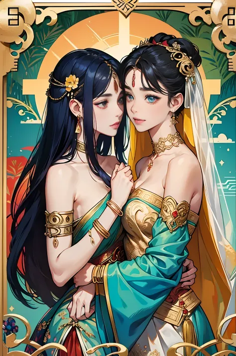 portrait of two vibrant exotic goddesses,silk lace,embroidery,armlets, bangle:1.3,ancient hair accessories,