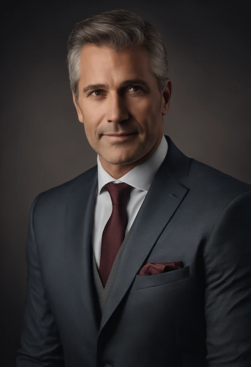 Realistic portrait of a middle-aged business person, Weighs 100 lbs, Professionally dressed with a suit and tie, hightquality, Top resolution, looking straight to the camera, Standing position, Professional, Beautiful eyes with a slight brown tint, Beautiful detailed lips, short beard, Gray-haired shorthair, kind expression, Warm smile, Outstanding appearance, Proper lighting, Plain background, Canvas Medium, ultra detailed texture,masutepiece:1.2