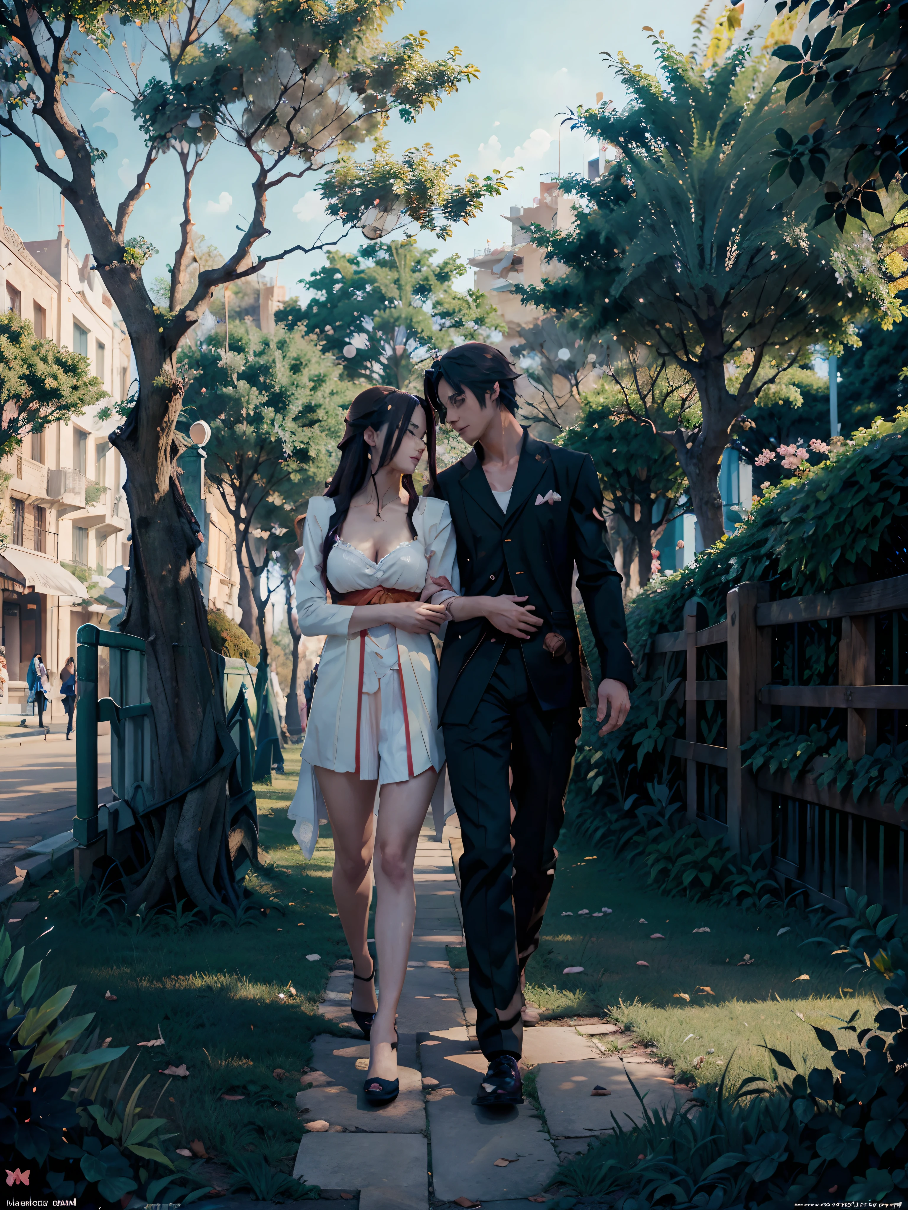 Anime style of An anime handsome man walks while embracing an anime beautiful woman in a park on a beautiful afternoon, perfect anatomy, intricated detailes, high quality, ultra HD resolution