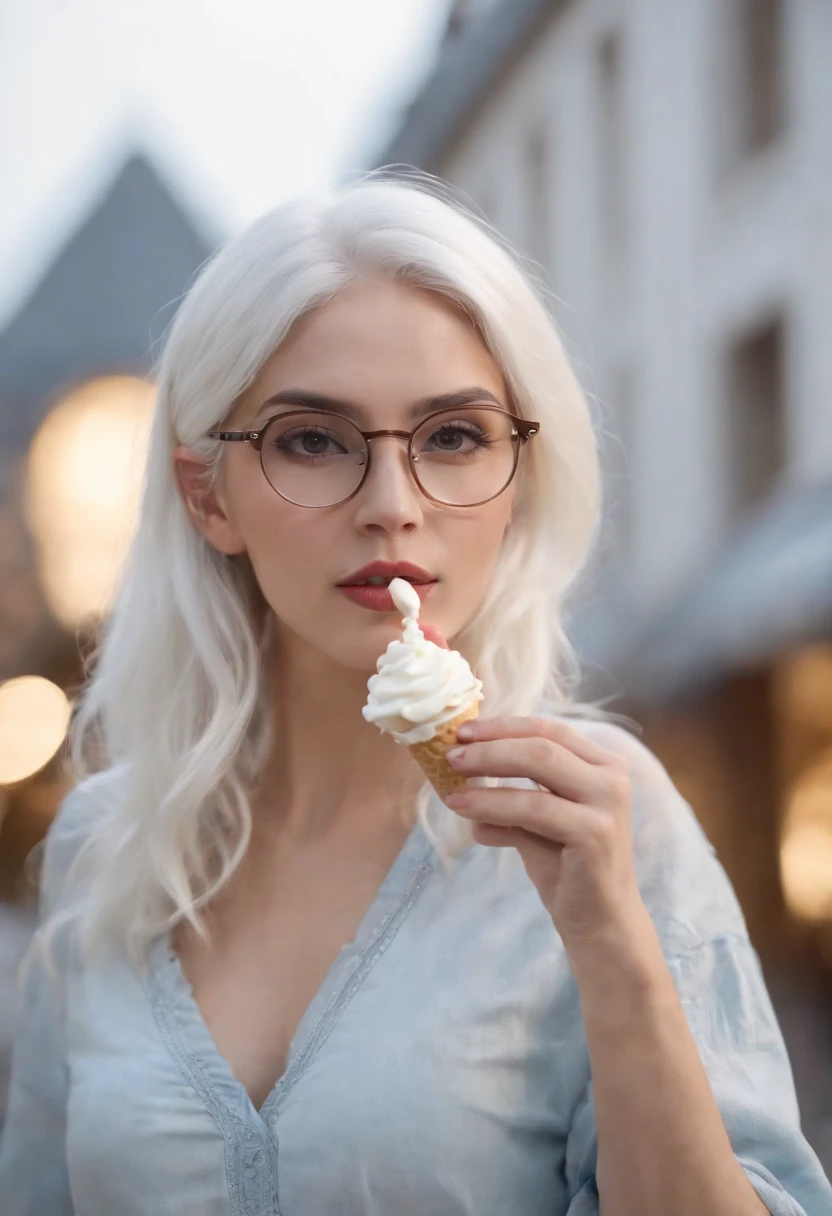 Mulher loira de óculos comendo um cupcake lá fora à noite - SeaArt AI