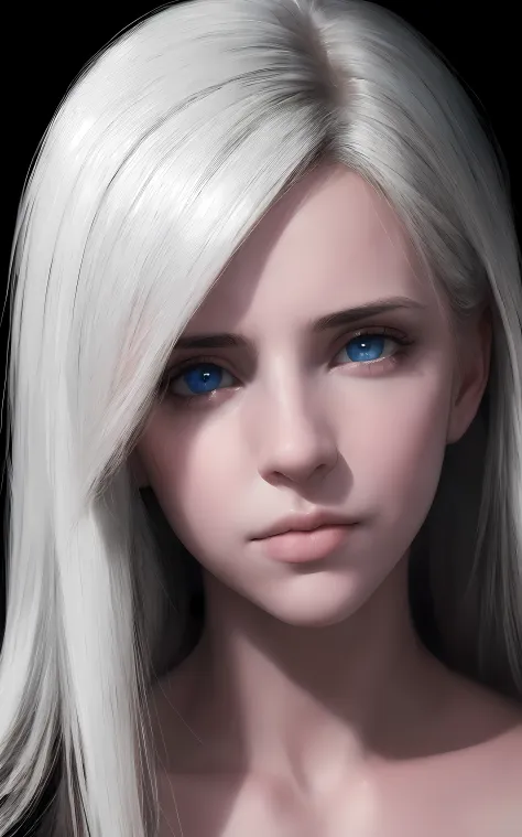 Un retrato en primer plano de  una mujer hermosa , cabello blanco ((ojos  brillantes heterogromia)) ,Mirando hacia el espectador...